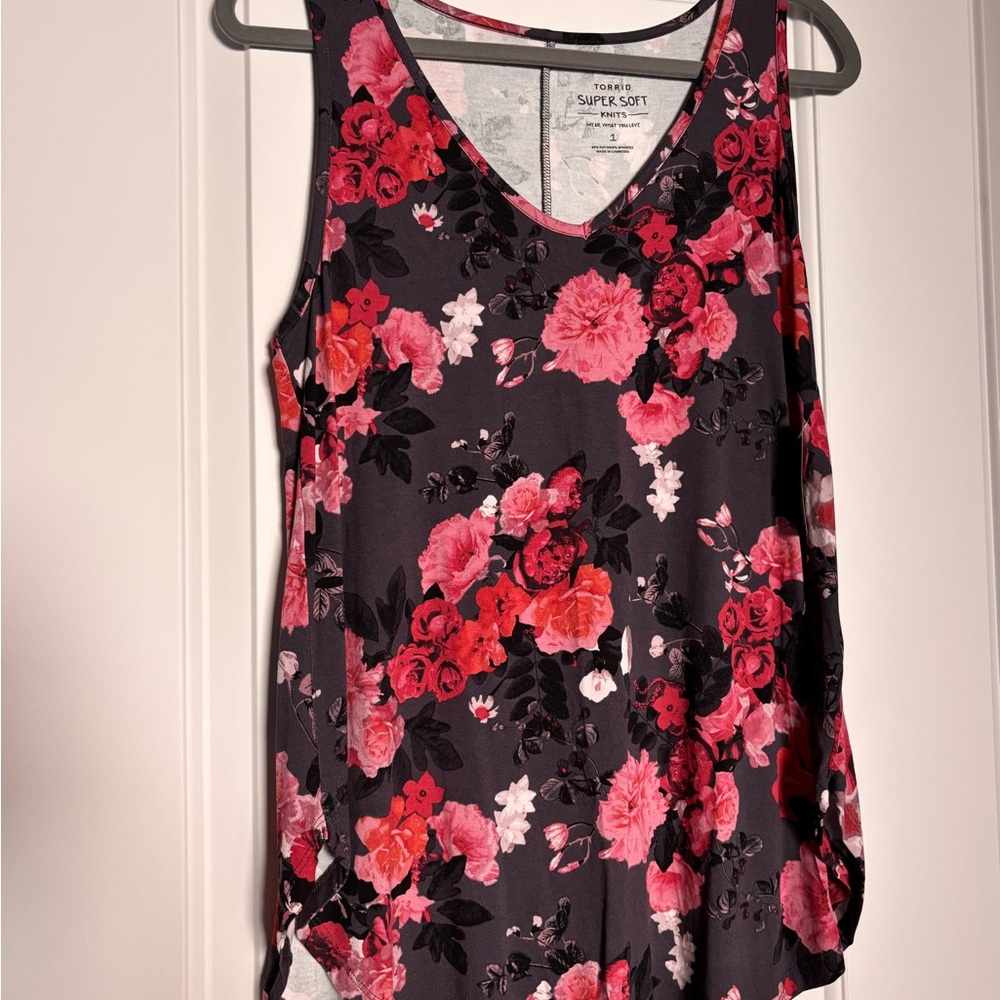Torrid Black and Pink Floral Tank Top with Grey toned coloring